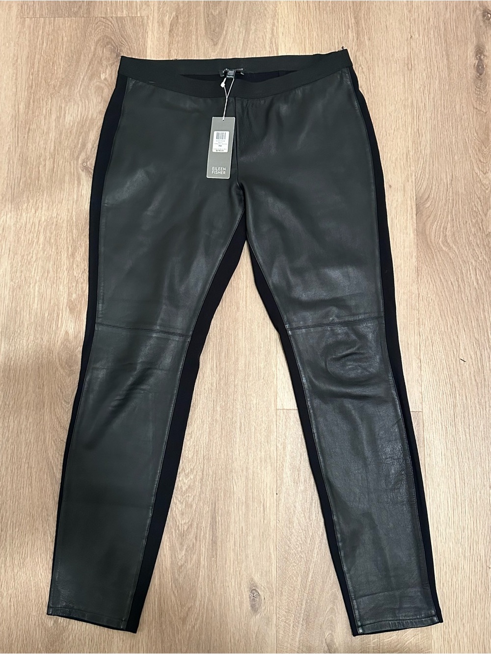 Eileen Fisher Black  Leather Skinny Pants with Side stretch Panels